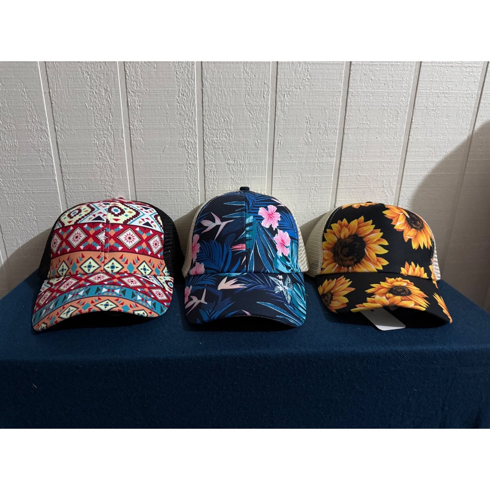 Lot of 3 Ponytail Trucker Hats Floral Sunflower Tribal High Bun Mesh Caps